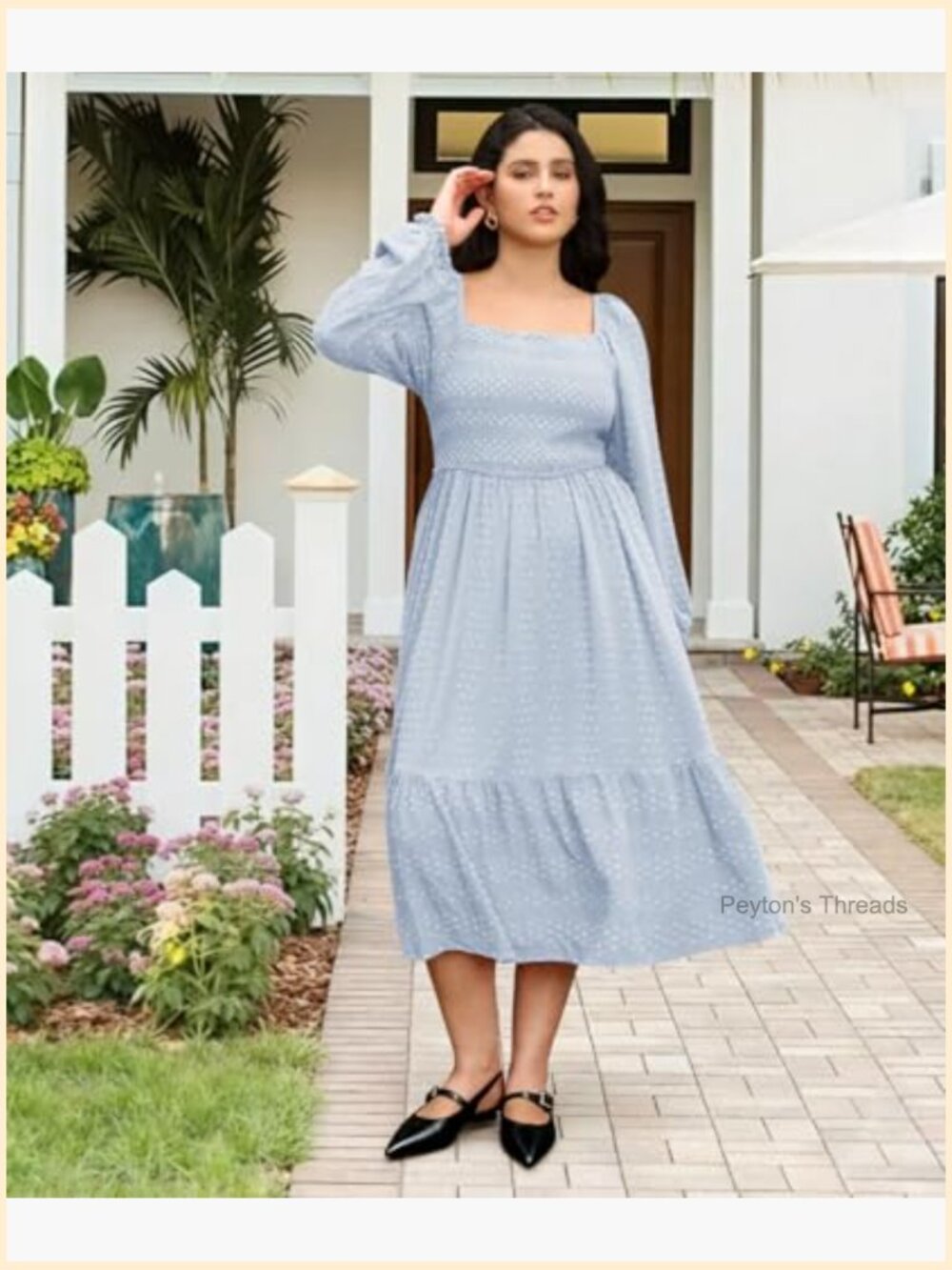 Plus Size Maxi Dress with Pockets Long Sleeve Smocked Swiss Dot A-Line Maternity - Picture 3 of 6